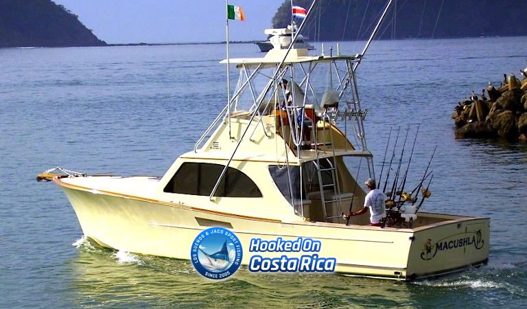 Cream-hulled 38 foot D and A custom flybridge sportfisherman cruising offshore